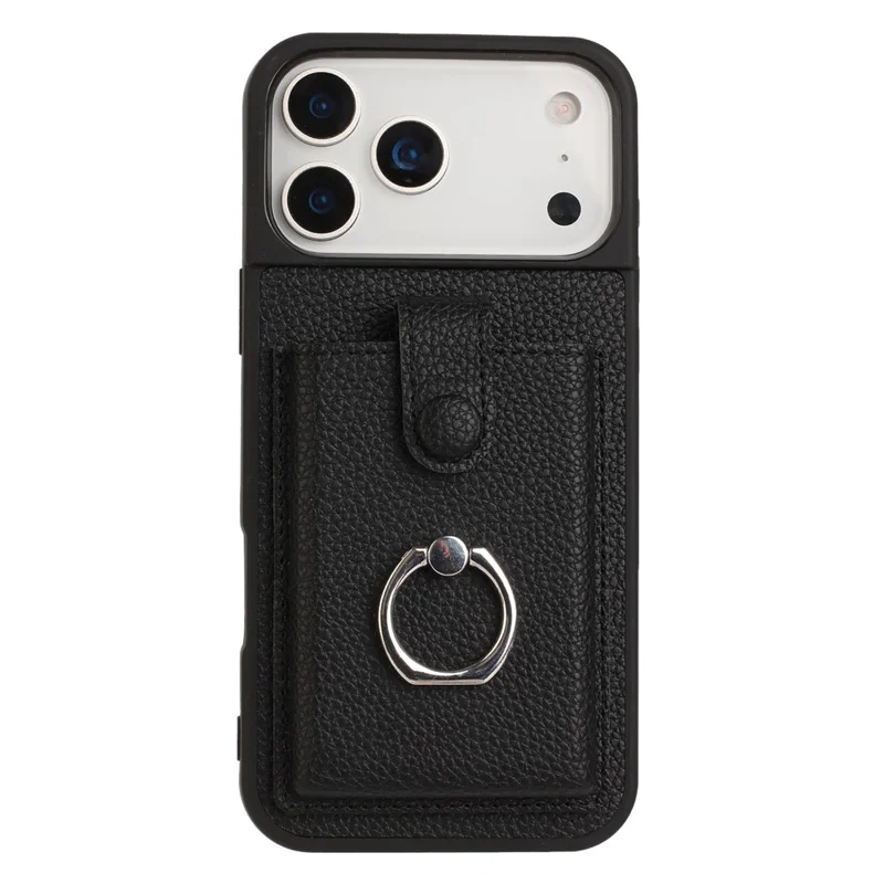 For iPhone 17 Pro Max Case with Ring Kickstand Drawing Type Card Slots Leather Back Cover - Black