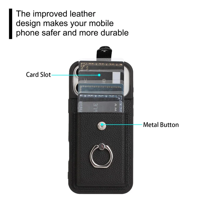 For iPhone 17 Pro Max Case with Ring Kickstand Drawing Type Card Slots Leather Back Cover - Black