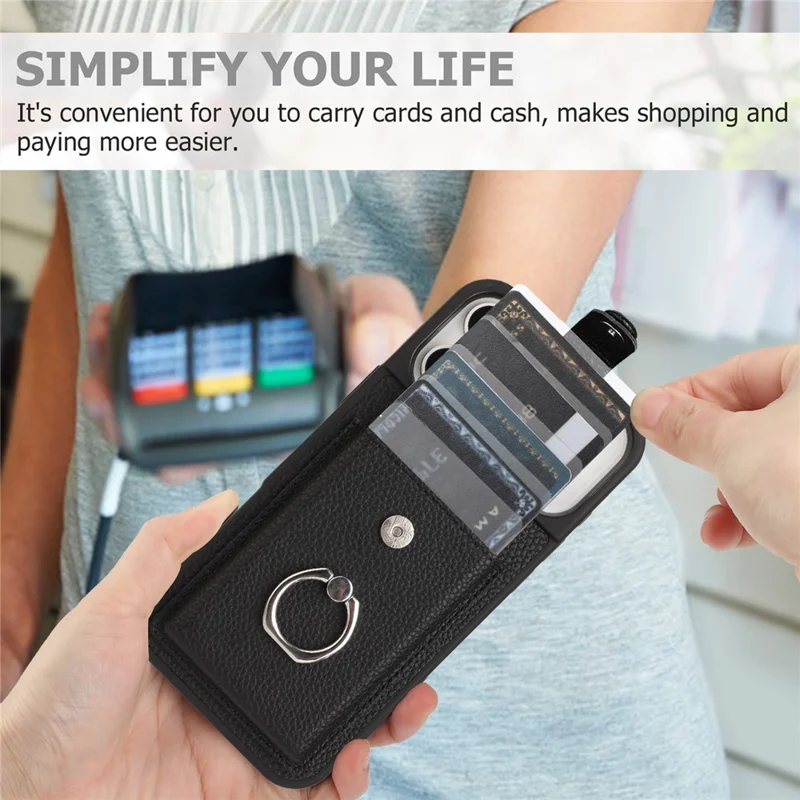 For iPhone 17 Pro Max Case with Ring Kickstand Drawing Type Card Slots Leather Back Cover - Black