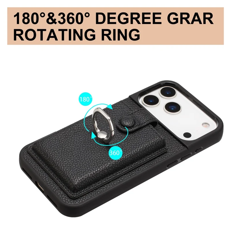 For iPhone 17 Pro Max Case with Ring Kickstand Drawing Type Card Slots Leather Back Cover - Black