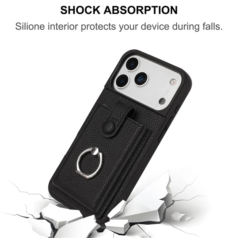 For iPhone 17 Pro Max Case with Ring Kickstand Drawing Type Card Slots Leather Back Cover - Black