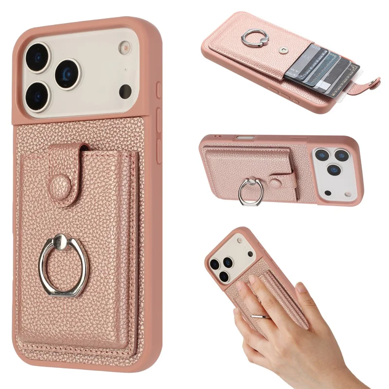 For iPhone 17 Pro Max Case with Ring Kickstand Drawing Type Card Slots Leather Back Cover - Rose Gold