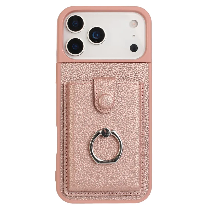 For iPhone 17 Pro Max Case with Ring Kickstand Drawing Type Card Slots Leather Back Cover - Rose Gold