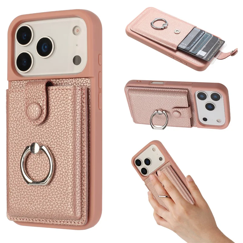 For iPhone 17 Pro Case with Ring Kickstand Drawing Type Card Slots Leather Back Cover - Rose Gold