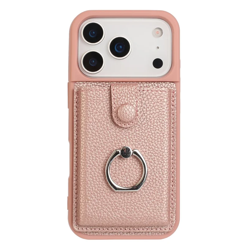 For iPhone 17 Pro Case with Ring Kickstand Drawing Type Card Slots Leather Back Cover - Rose Gold
