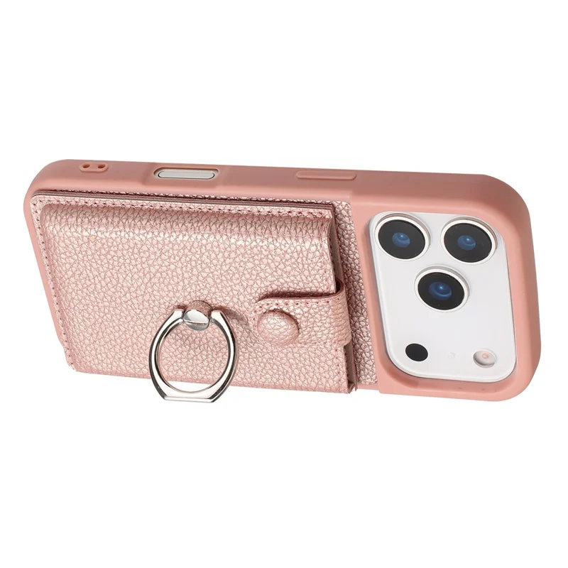 For iPhone 17 Pro Case with Ring Kickstand Drawing Type Card Slots Leather Back Cover - Rose Gold