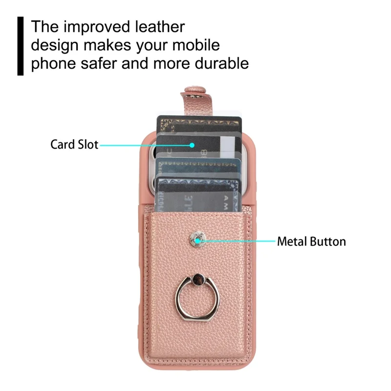 For iPhone 17 Pro Case with Ring Kickstand Drawing Type Card Slots Leather Back Cover - Rose Gold