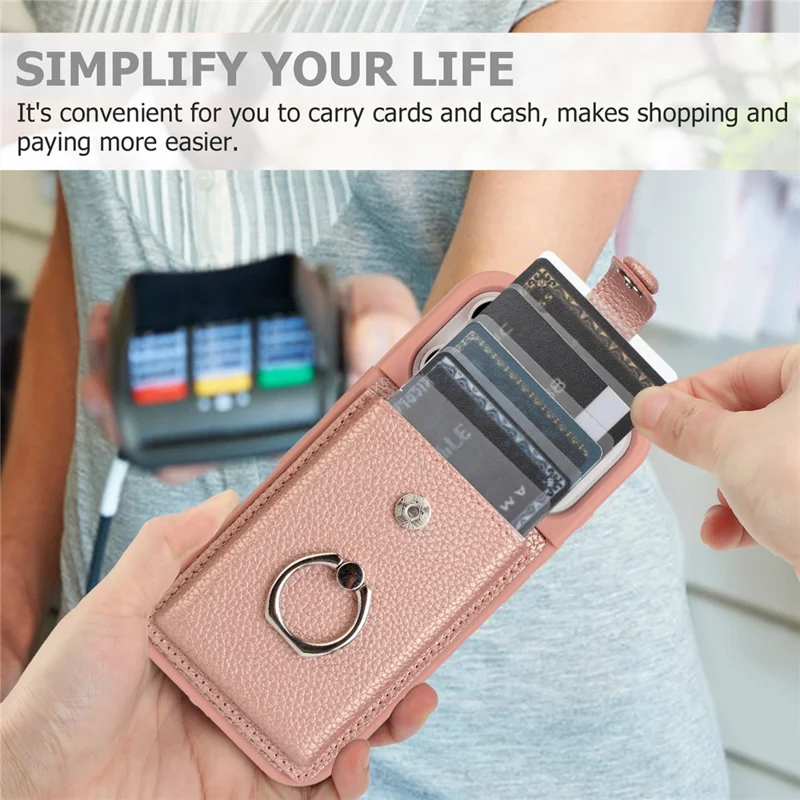 For iPhone 17 Pro Case with Ring Kickstand Drawing Type Card Slots Leather Back Cover - Rose Gold