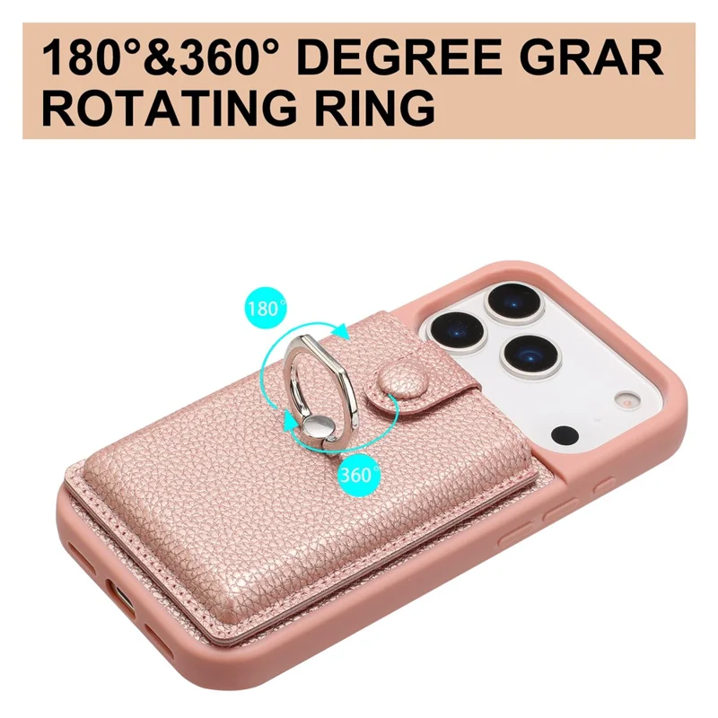 For iPhone 17 Pro Case with Ring Kickstand Drawing Type Card Slots Leather Back Cover - Rose Gold