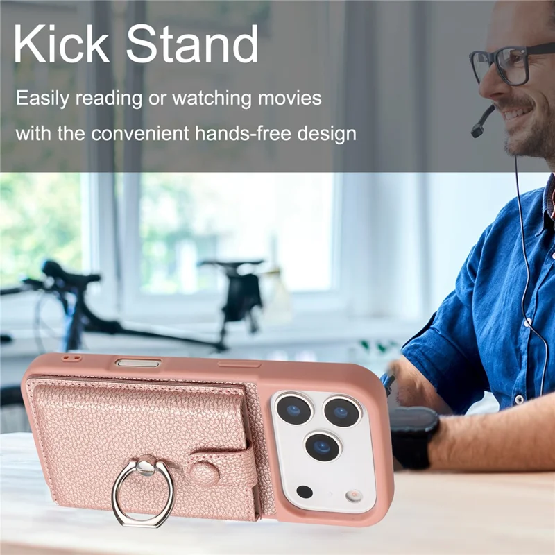 For iPhone 17 Pro Case with Ring Kickstand Drawing Type Card Slots Leather Back Cover - Rose Gold