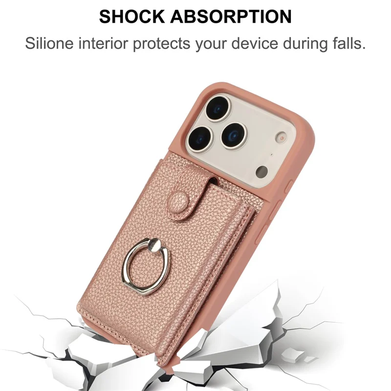 For iPhone 17 Pro Case with Ring Kickstand Drawing Type Card Slots Leather Back Cover - Rose Gold