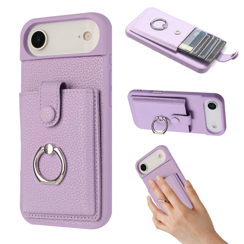 For iPhone Air Case with Ring Kickstand Drawing Type Card Slots Leather Back Cover - Purple