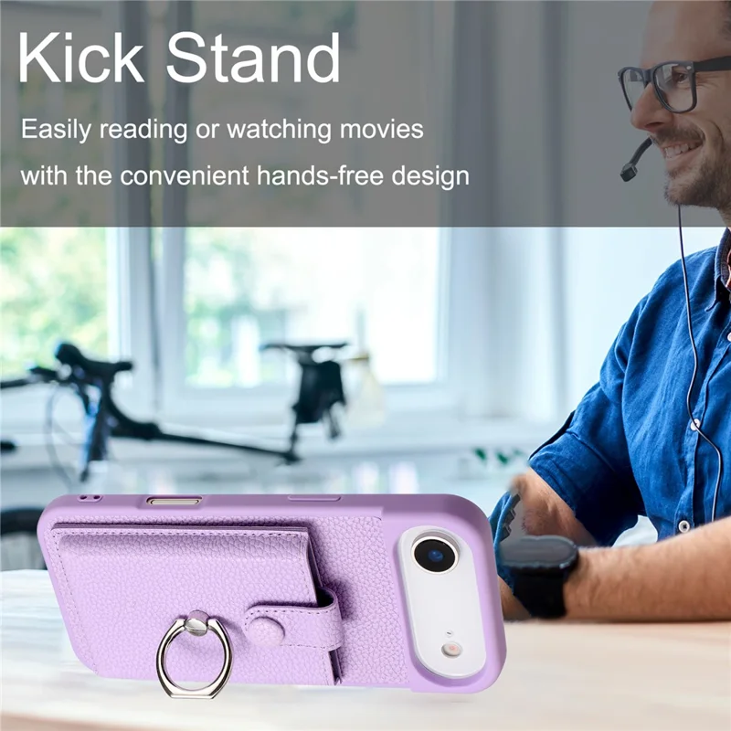 For iPhone Air Case with Ring Kickstand Drawing Type Card Slots Leather Back Cover - Purple
