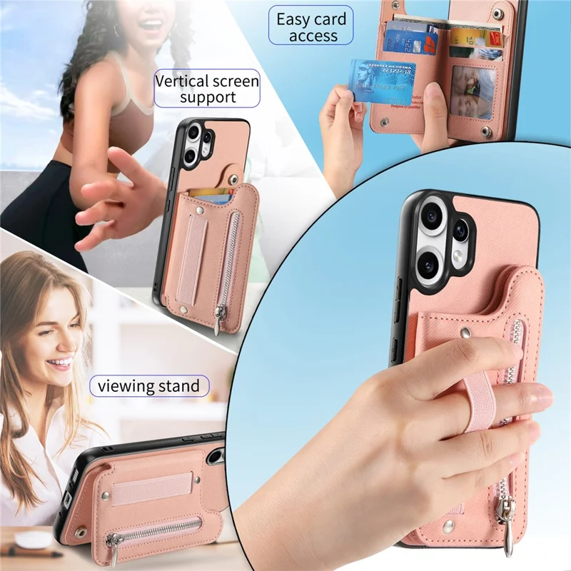 For Nothing CMF Phone 2 Pro Case RFID Blocking Card Holder Jeans Cloth Texture Leather Back Cover with Elastic Wristband - Pink