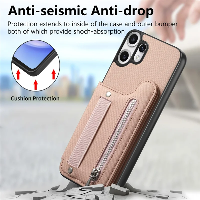For Nothing CMF Phone 2 Pro Case RFID Blocking Card Holder Jeans Cloth Texture Leather Back Cover with Elastic Wristband - Pink
