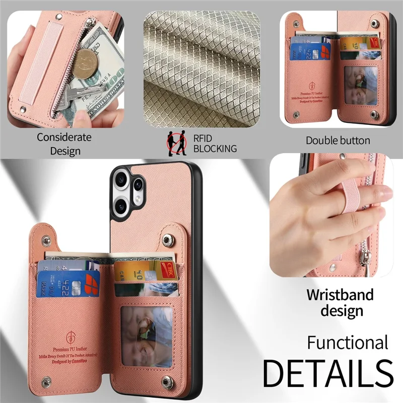 For Nothing CMF Phone 2 Pro Case RFID Blocking Card Holder Jeans Cloth Texture Leather Back Cover with Elastic Wristband - Pink