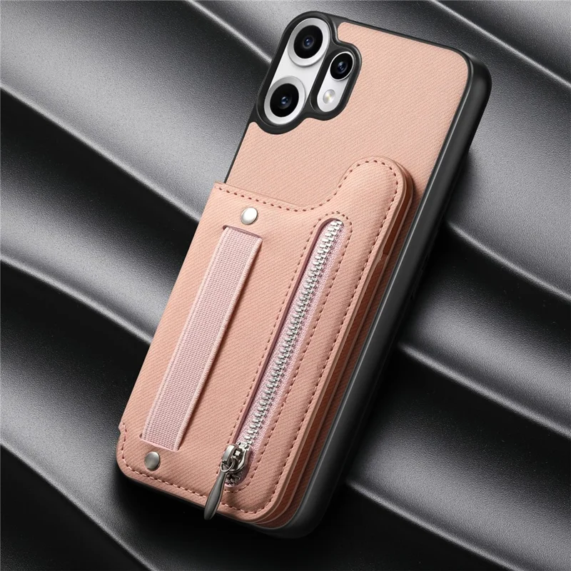 For Nothing CMF Phone 2 Pro Case RFID Blocking Card Holder Jeans Cloth Texture Leather Back Cover with Elastic Wristband - Pink