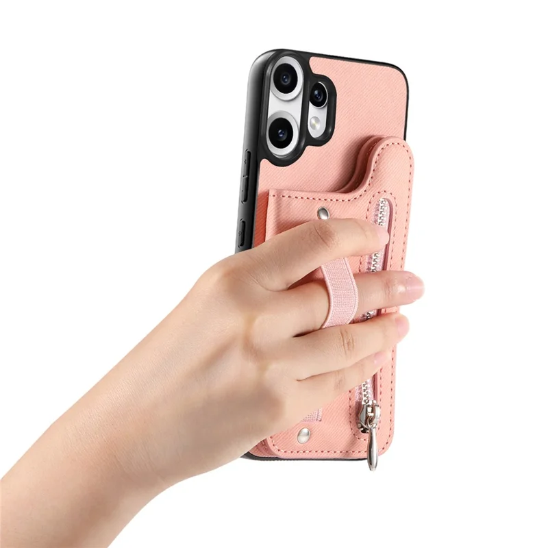 For Nothing CMF Phone 2 Pro Case RFID Blocking Card Holder Jeans Cloth Texture Leather Back Cover with Elastic Wristband - Pink