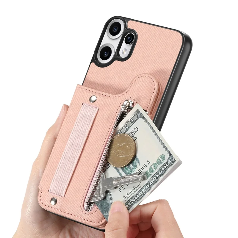 For Nothing CMF Phone 2 Pro Case RFID Blocking Card Holder Jeans Cloth Texture Leather Back Cover with Elastic Wristband - Pink
