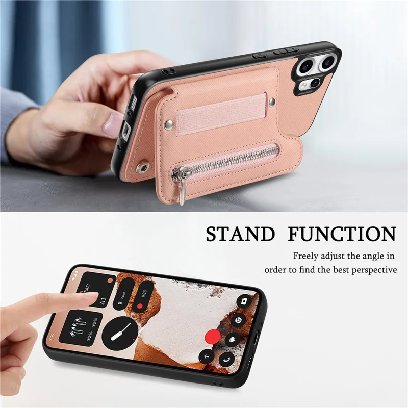 For Nothing CMF Phone 2 Pro Case RFID Blocking Card Holder Jeans Cloth Texture Leather Back Cover with Elastic Wristband - Pink