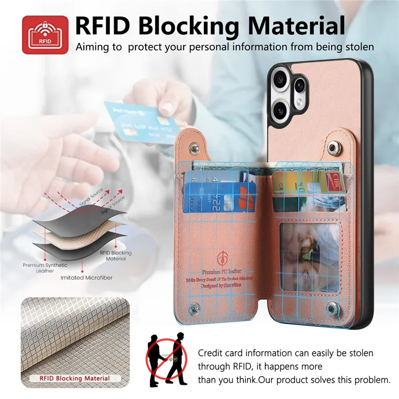 For Nothing CMF Phone 2 Pro Case RFID Blocking Card Holder Jeans Cloth Texture Leather Back Cover with Elastic Wristband - Pink