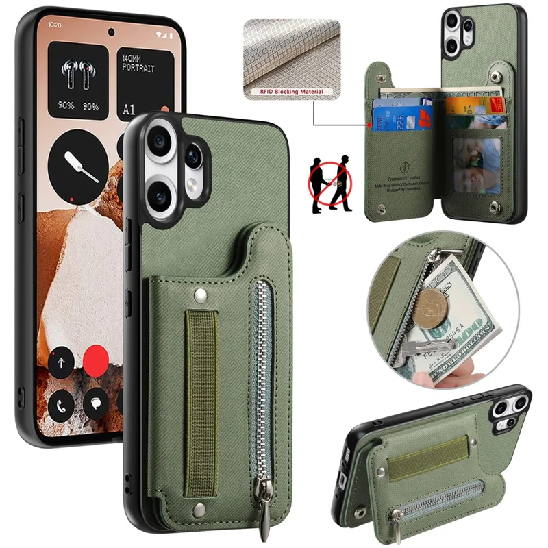 For Nothing CMF Phone 2 Pro Case RFID Blocking Card Holder Jeans Cloth Texture Leather Back Cover with Elastic Wristband - Green