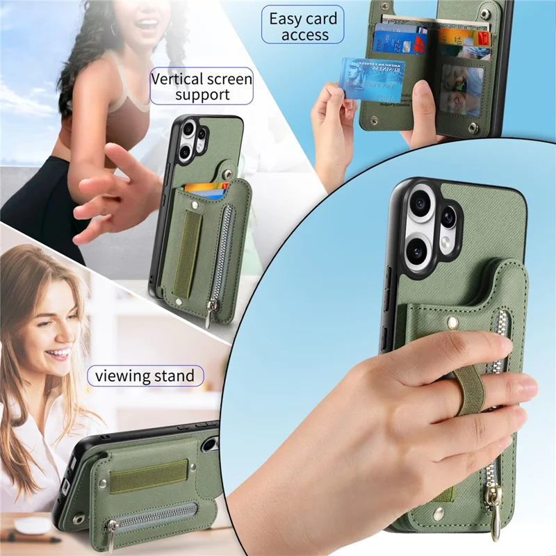 For Nothing CMF Phone 2 Pro Case RFID Blocking Card Holder Jeans Cloth Texture Leather Back Cover with Elastic Wristband - Green