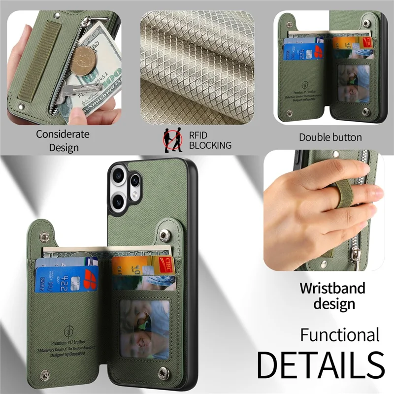 For Nothing CMF Phone 2 Pro Case RFID Blocking Card Holder Jeans Cloth Texture Leather Back Cover with Elastic Wristband - Green