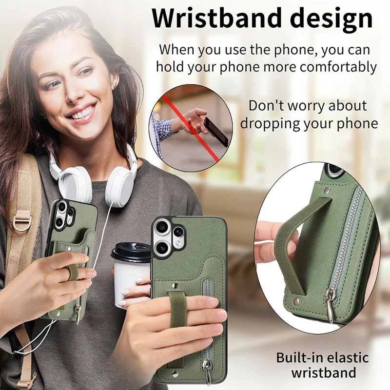 For Nothing CMF Phone 2 Pro Case RFID Blocking Card Holder Jeans Cloth Texture Leather Back Cover with Elastic Wristband - Green