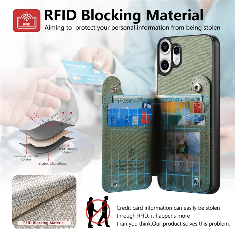 For Nothing CMF Phone 2 Pro Case RFID Blocking Card Holder Jeans Cloth Texture Leather Back Cover with Elastic Wristband - Green