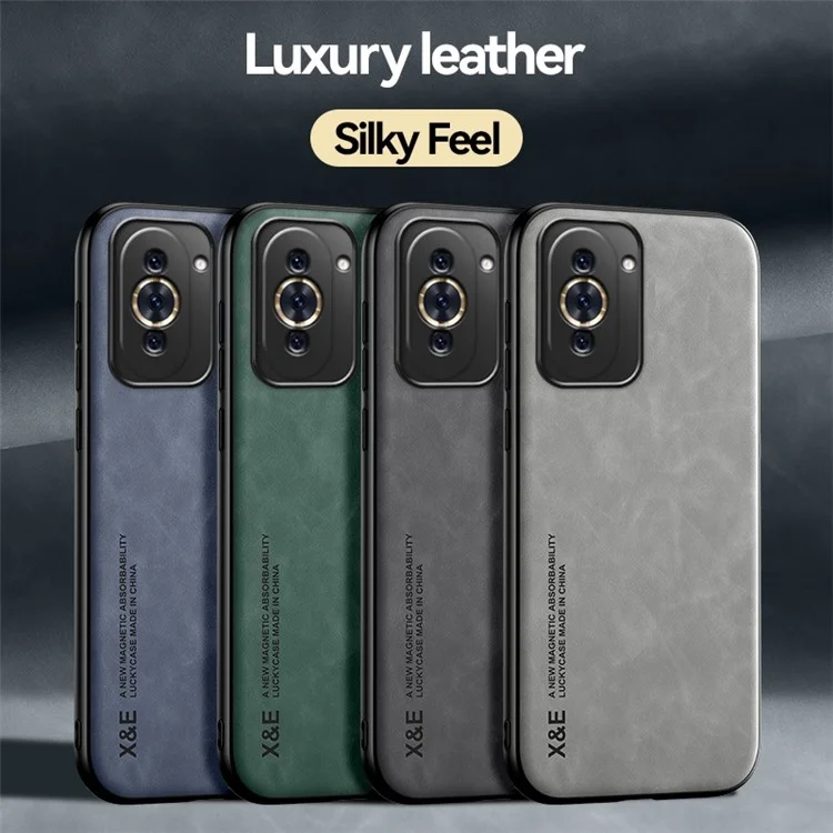 X&E For Huawei nova 10 Pro 4G Skin-touch Anti-drop Back Case PU Leather Coated TPU+PC Protective Cover with Car Mount Metal Sheet - Green