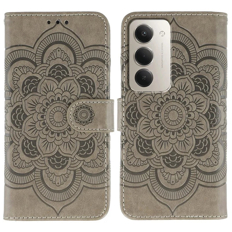 Чехол для Xiaomi Redmi 15 5G из искусственной кожи с узором мандала, кошелек-обложка для телефона с ремешком на запястье - Серый