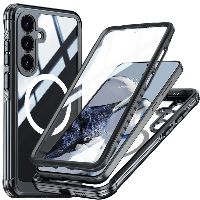 Für Samsung Galaxy S25 FE Magnetische Hülle PC + TPU Handyhülle mit gehärtetem Glasschutzfilm - Schwarz