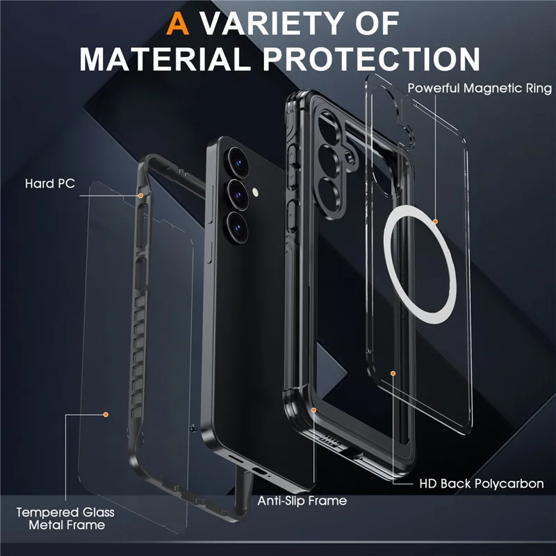 Für Samsung Galaxy S25 FE Magnetische Hülle PC + TPU Handyhülle mit gehärtetem Glasschutzfilm - Schwarz