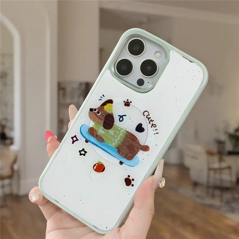 For iPhone 16 Pro Magnetic Case TPU PC Phone Cover with Skateboarding Dachshund Backplate - Green