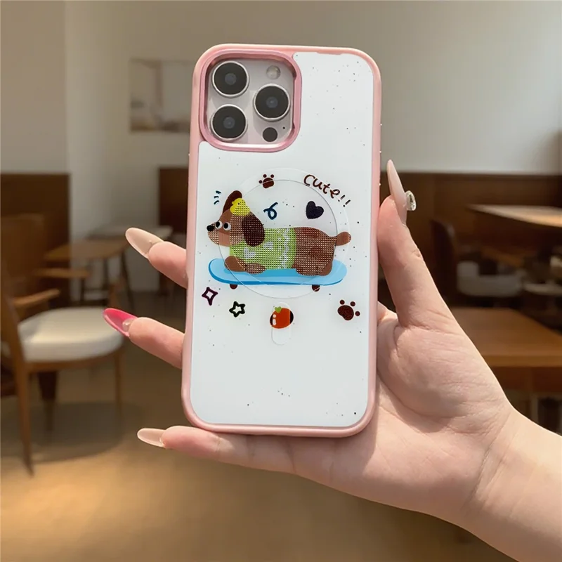 For iPhone 16 Pro Magnetic Case TPU PC Phone Cover with Skateboarding Dachshund Backplate - Green