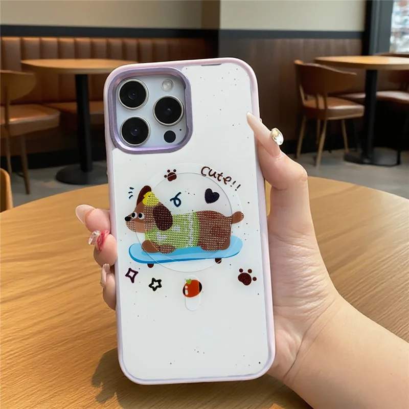 For iPhone 16 Pro Magnetic Case TPU PC Phone Cover with Skateboarding Dachshund Backplate - Green