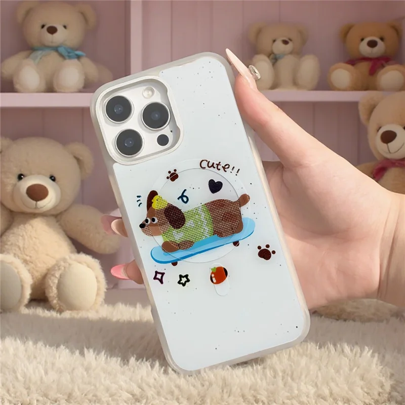 For iPhone 16 Pro Magnetic Case TPU PC Phone Cover with Skateboarding Dachshund Backplate - Green