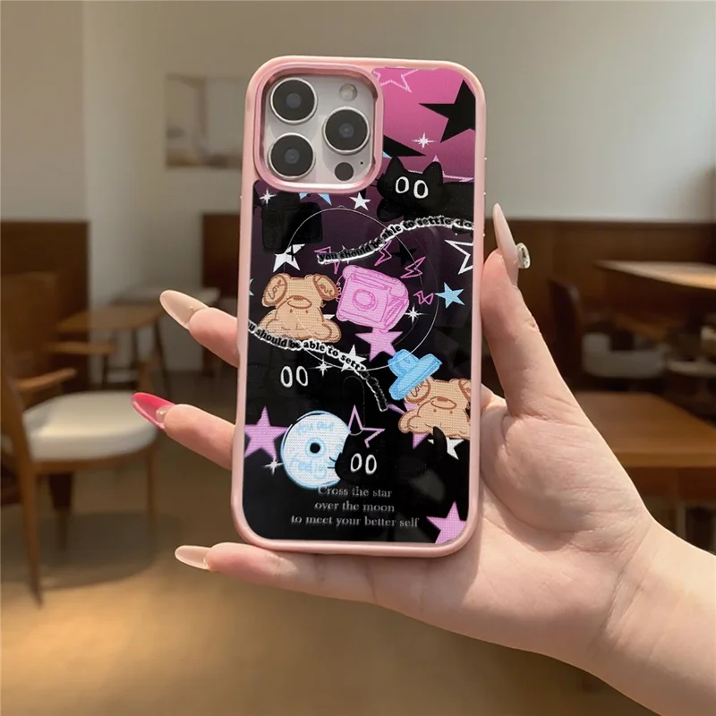 For iPhone 16 Pro Max Magnetic Case TPU PC Phone Cover with Detachable Brown Bear Slide Backplate - Pink