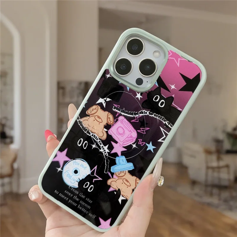 For iPhone 16 Pro Max Magnetic Case TPU PC Phone Cover with Detachable Brown Bear Slide Backplate - Pink