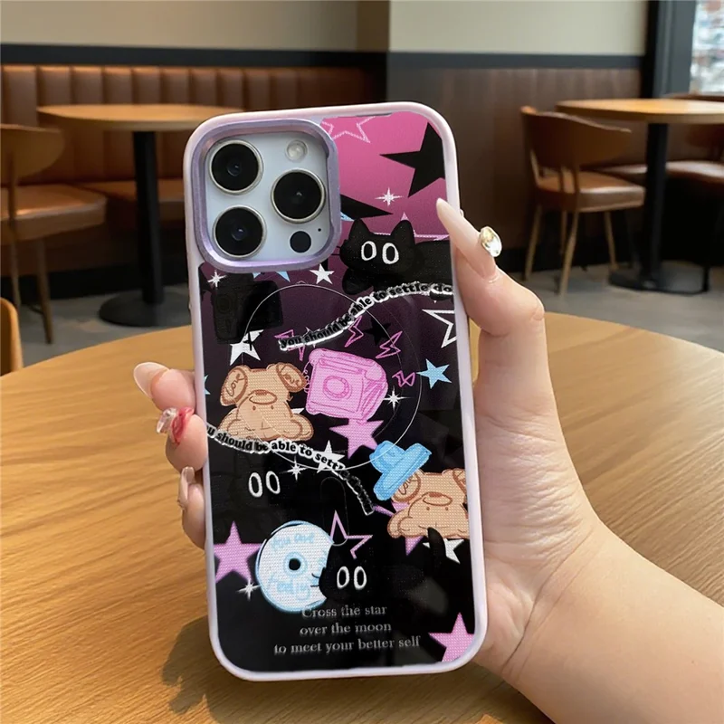 For iPhone 16 Pro Max Magnetic Case TPU PC Phone Cover with Detachable Brown Bear Slide Backplate - Pink