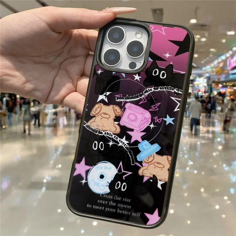 For iPhone 16 Pro Max Magnetic Case TPU PC Phone Cover with Detachable Brown Bear Slide Backplate - Pink