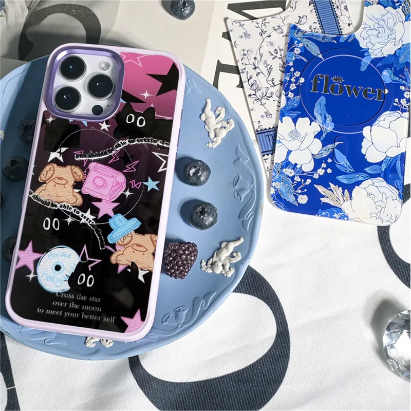 For iPhone 16 Pro Magnetic Case TPU PC Phone Cover with Detachable Brown Bear Slide Backplate - Pink