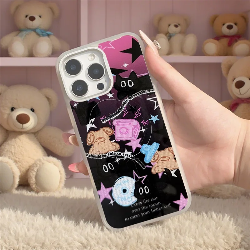 For iPhone 16 Pro Magnetic Case TPU PC Phone Cover with Detachable Brown Bear Slide Backplate - Pink
