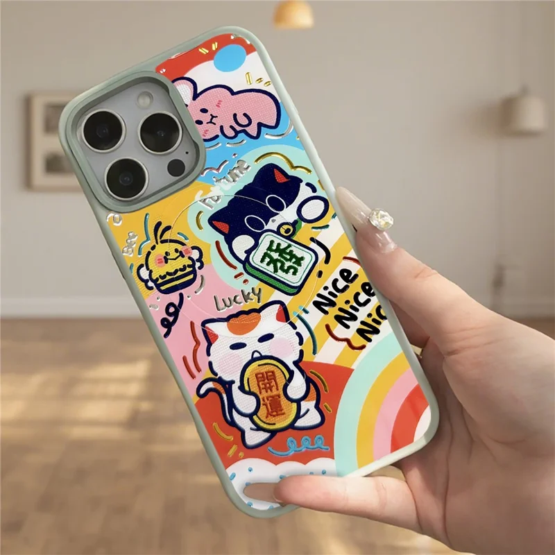 For iPhone 16 Pro Max Magnetic Case TPU PC Phone Cover with Detachable Green Lucky Cat Backplate - Pink