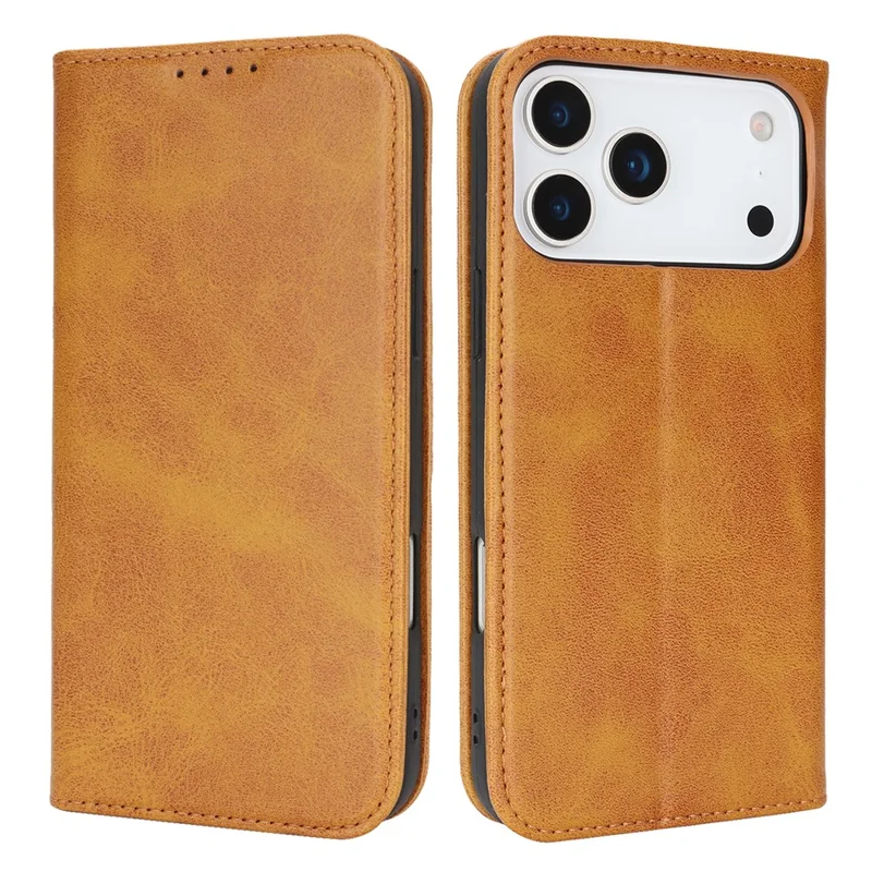 For iPhone 18 Pro / 17 Pro Case PU Leather Calf Textured Magnetic Closing Smart Phone Cover - Light Brown