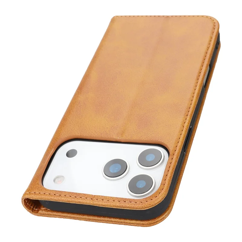 For iPhone 18 Pro / 17 Pro Case PU Leather Calf Textured Magnetic Closing Smart Phone Cover - Light Brown