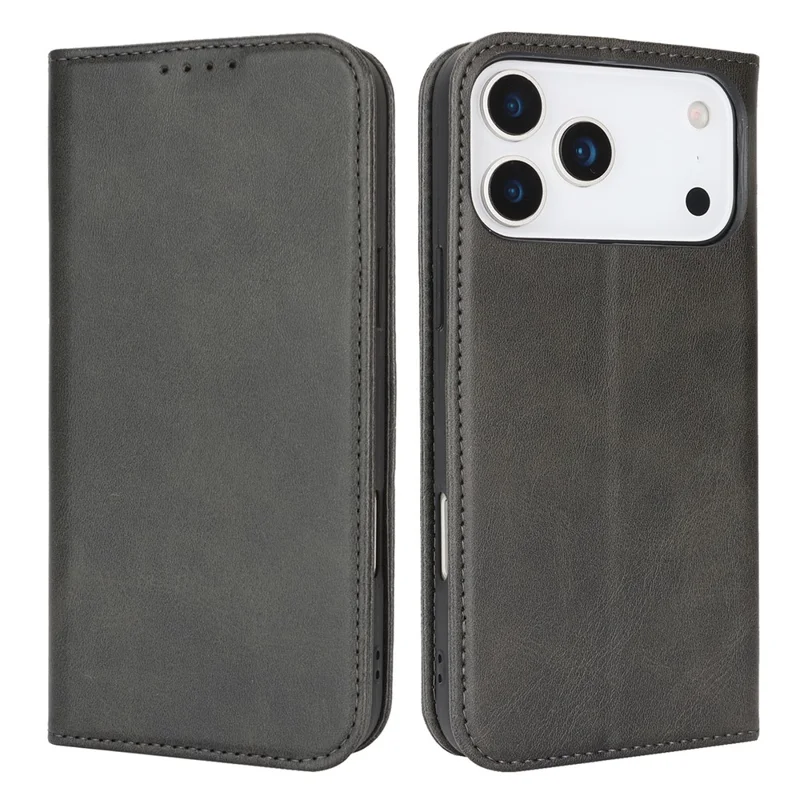 For iPhone 18 Pro Max / 17 Pro Max Case PU Leather Calf Textured Magnetic Closing Smart Phone Cover - Black