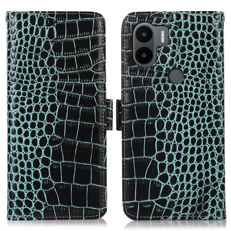 Funda de cuero auténtico de vaca con cierre magnético lateral para Xiaomi Redmi A1+ 4G / A2+ 4G / Poco C50 4G, resistente a caídas, con textura de cocodrilo, bloqueo RFID, soporte, tipo billetera abatible - Verde