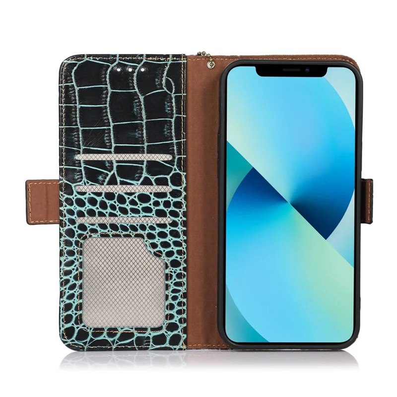 Funda de cuero auténtico de vaca con cierre magnético lateral para Xiaomi Redmi A1+ 4G / A2+ 4G / Poco C50 4G, resistente a caídas, con textura de cocodrilo, bloqueo RFID, soporte, tipo billetera abatible - Verde